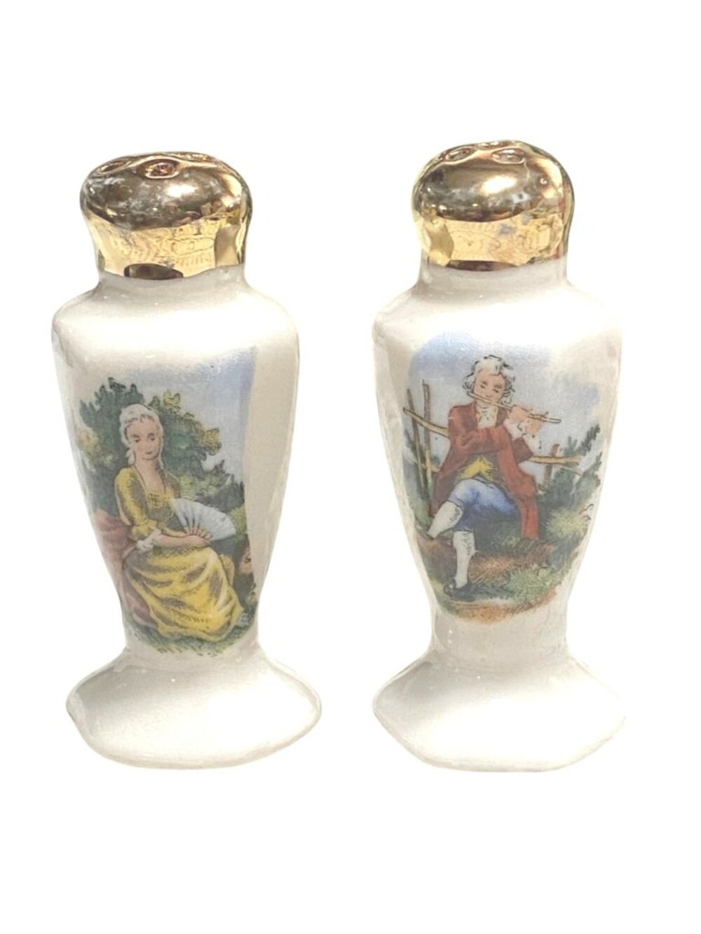 Porcelain  Gold Salt Pepper Shakers Colonial Couple Size Standard